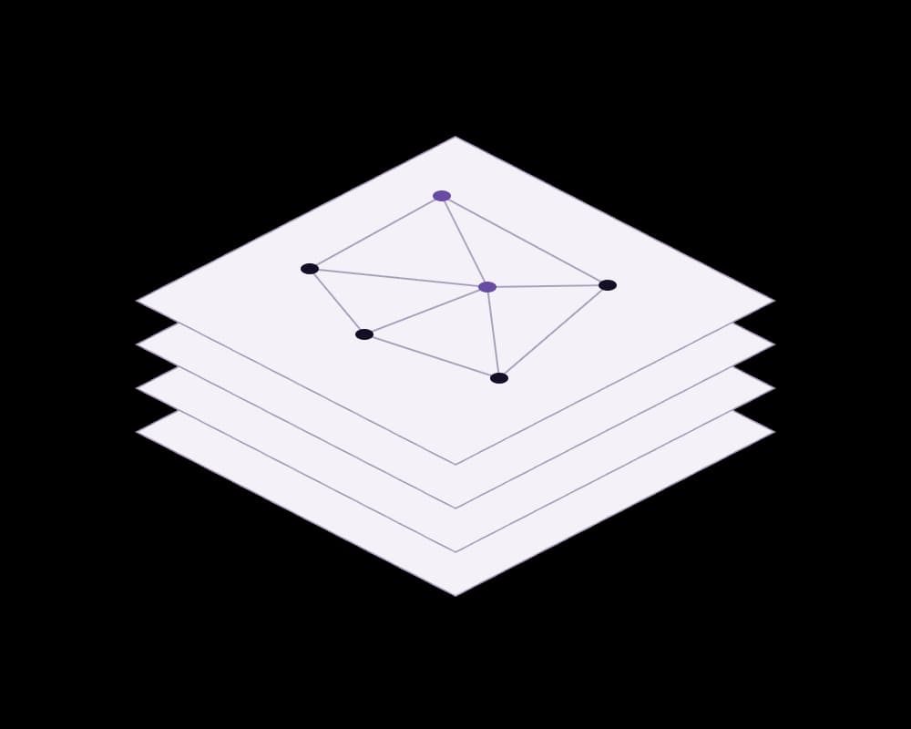 Connected engineering records represented as linked nodes above a stack of information layers
